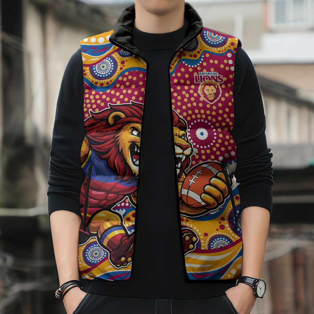 Brisbane Lions Sleeveless Puffer Jacket Aboriginal Dot Pattern - Football Mascot Heritage Pride