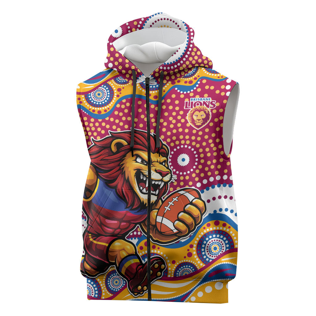 Brisbane Lions Sleeveless Zip Hoodie Aboriginal Dot Pattern - Football Mascot Heritage Pride