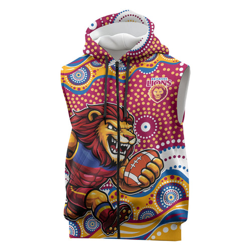 Brisbane Lions Sleeveless Zip Hoodie Aboriginal Dot Pattern - Football Mascot Heritage Pride