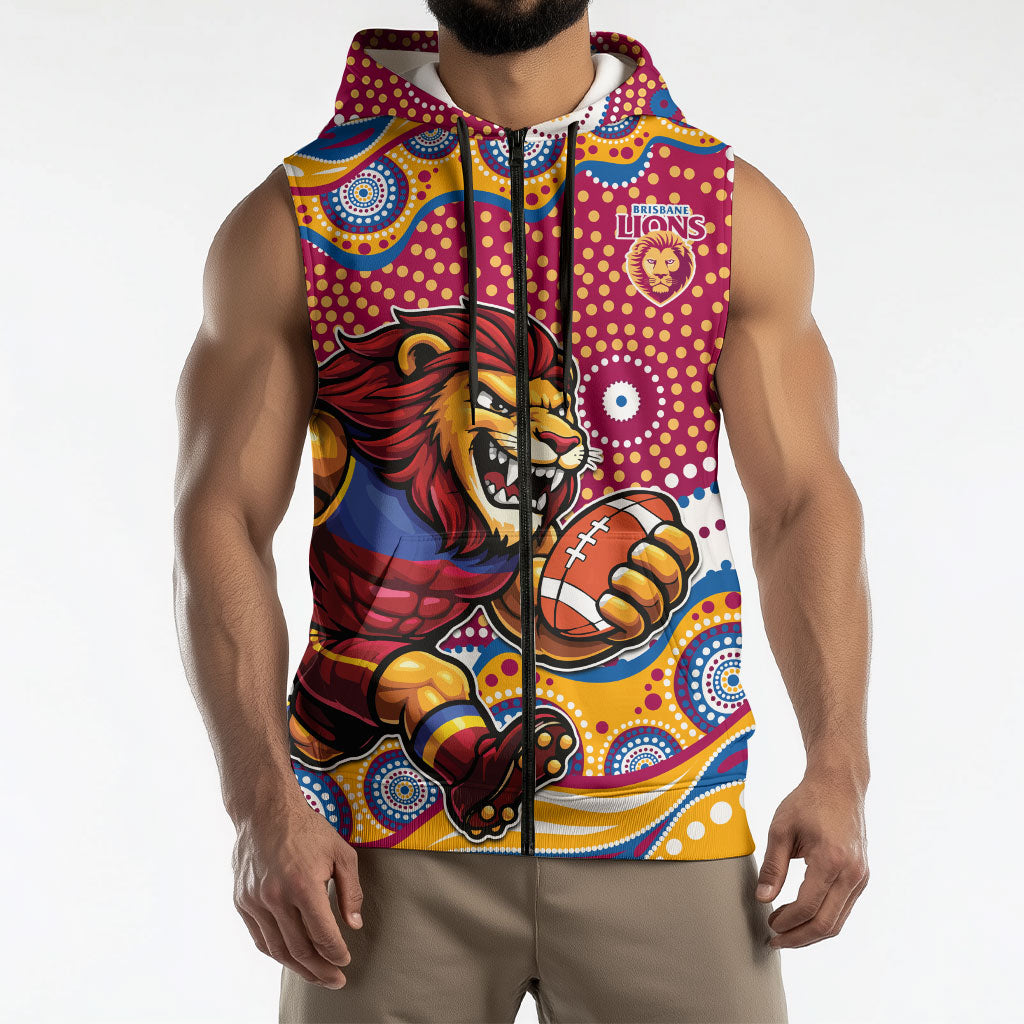 Brisbane Lions Sleeveless Zip Hoodie Aboriginal Dot Pattern - Football Mascot Heritage Pride