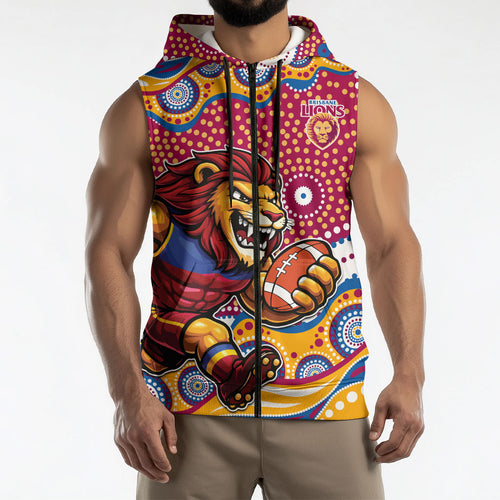 Brisbane Lions Sleeveless Zip Hoodie Aboriginal Dot Pattern - Football Mascot Heritage Pride