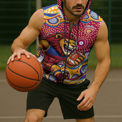 Brisbane Lions Sleeveless Zip Hoodie Aboriginal Dot Pattern - Football Mascot Heritage Pride