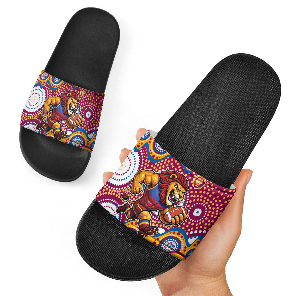 Brisbane Lions Slide Sandals Aboriginal Dot Pattern - Football Mascot Heritage Pride