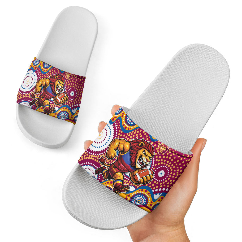 Brisbane Lions Slide Sandals Aboriginal Dot Pattern - Football Mascot Heritage Pride