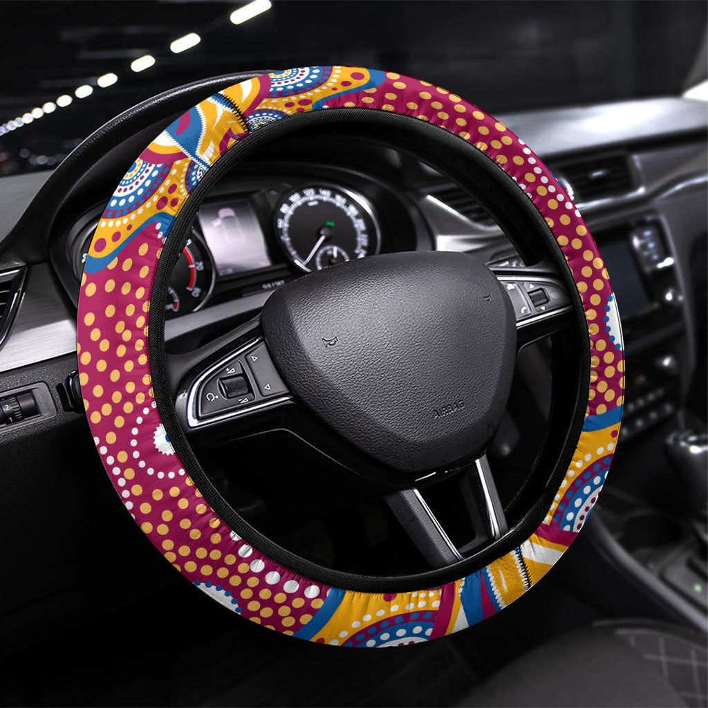 Brisbane Lions Steering Wheel Cover Aboriginal Dot Pattern - Football Mascot Heritage Pride