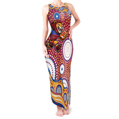 Brisbane Lions Tank Maxi Dress Aboriginal Dot Pattern - Football Mascot Heritage Pride