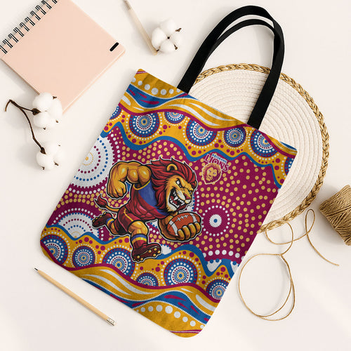 Brisbane Lions Tote Bag Aboriginal Dot Pattern - Football Mascot Heritage Pride