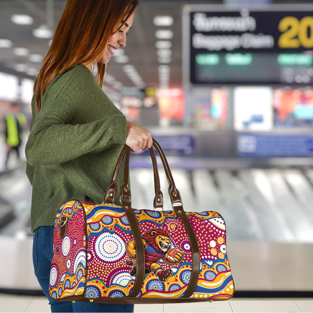 Brisbane Lions Travel Bag Aboriginal Dot Pattern - Football Mascot Heritage Pride