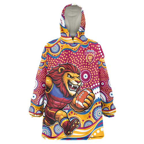 Brisbane Lions Wearable Blanket Hoodie Aboriginal Dot Pattern - Football Mascot Heritage Pride