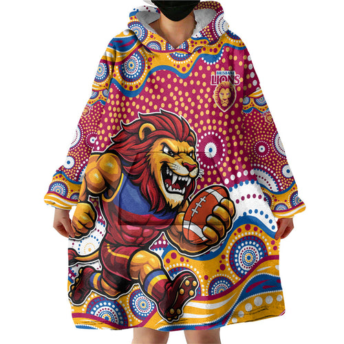 Brisbane Lions Wearable Blanket Hoodie Aboriginal Dot Pattern - Football Mascot Heritage Pride