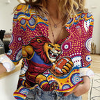 Brisbane Lions Women Casual Shirt Aboriginal Dot Pattern - Football Mascot Heritage Pride