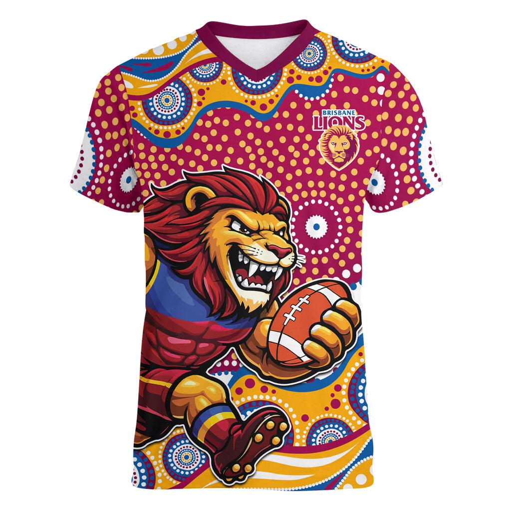 Brisbane Lions Women V-Neck T-Shirt Aboriginal Dot Pattern - Football Mascot Heritage Pride