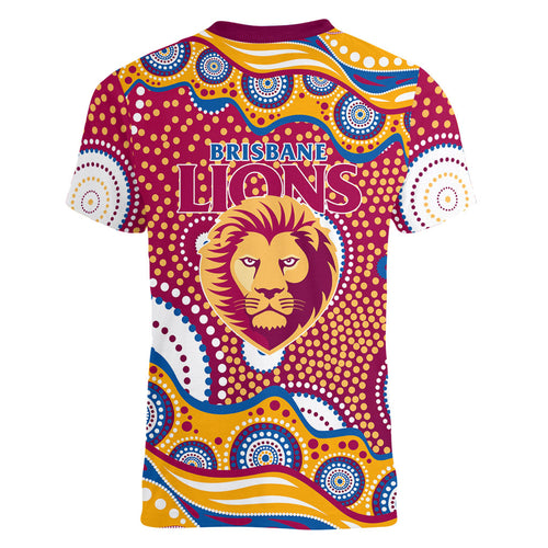 Brisbane Lions Women V-Neck T-Shirt Aboriginal Dot Pattern - Football Mascot Heritage Pride