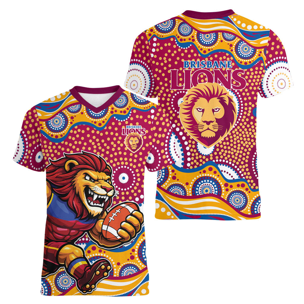 Brisbane Lions Women V-Neck T-Shirt Aboriginal Dot Pattern - Football Mascot Heritage Pride