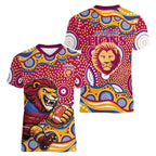 Brisbane Lions Women V-Neck T-Shirt Aboriginal Dot Pattern - Football Mascot Heritage Pride