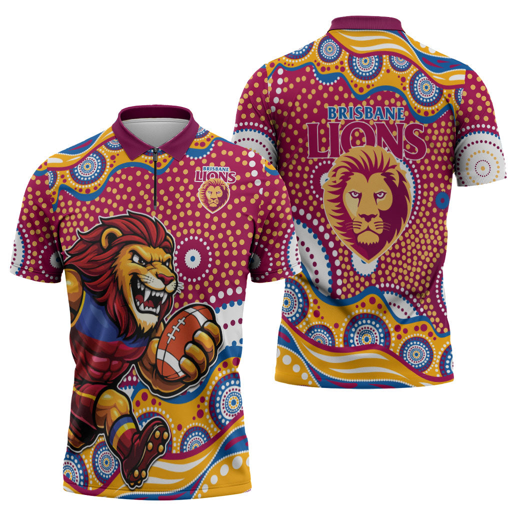 Brisbane Lions Zipper Polo Shirt Aboriginal Dot Pattern - Football Mascot Heritage Pride