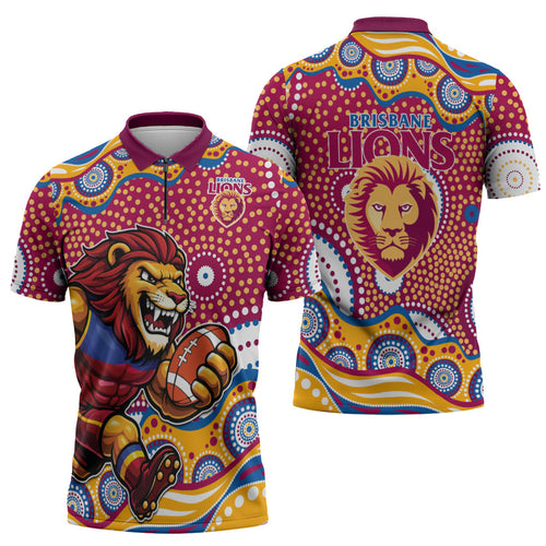 Brisbane Lions Zipper Polo Shirt Aboriginal Dot Pattern - Football Mascot Heritage Pride