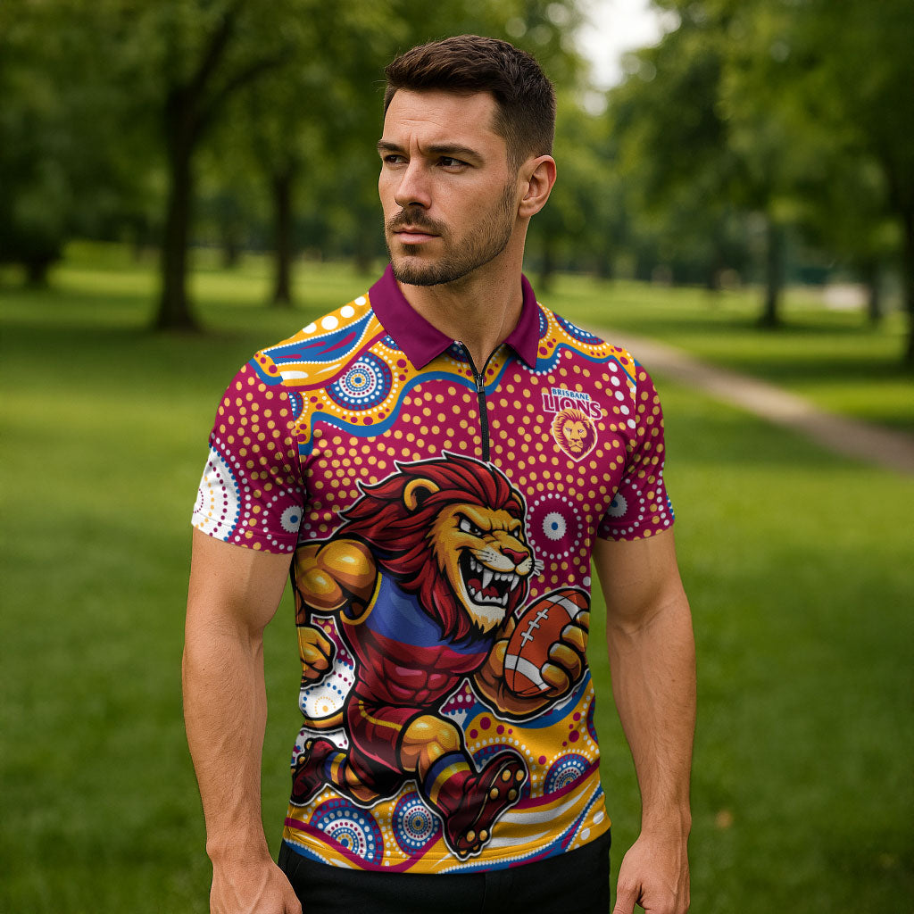 Brisbane Lions Zipper Polo Shirt Aboriginal Dot Pattern - Football Mascot Heritage Pride