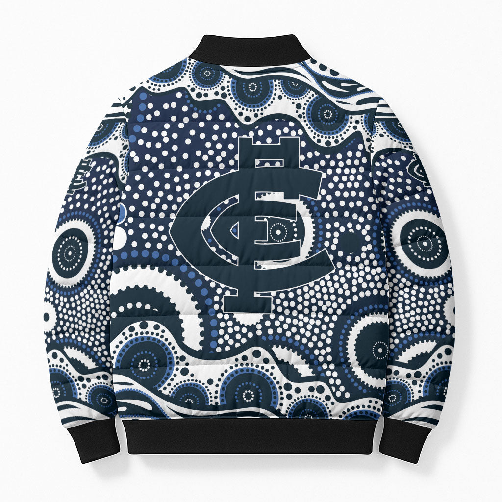 Carlton Blues Bomber Puffer Jacket Aboriginal Dot Pattern - Football Mascot Heritage Pride