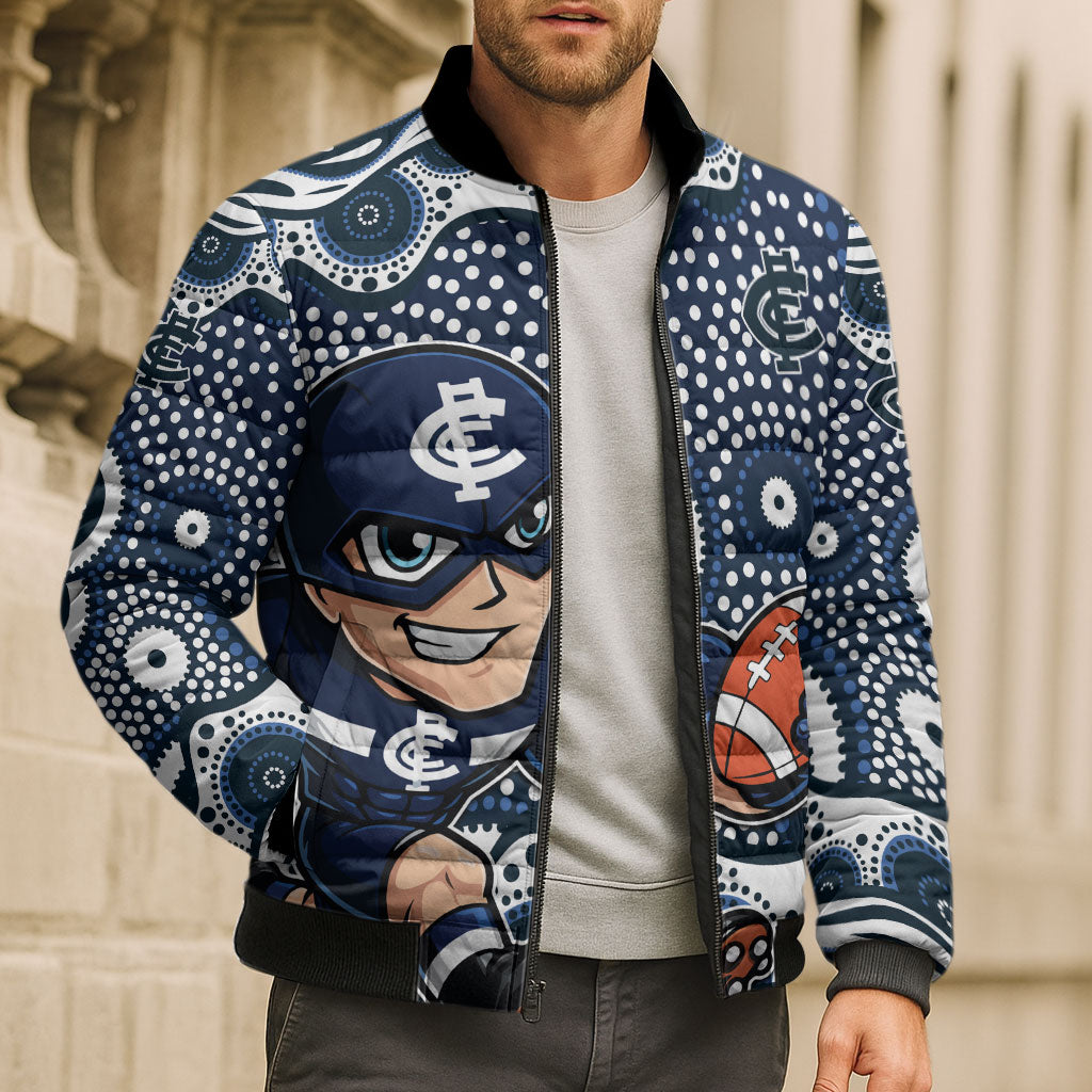 Carlton Blues Bomber Puffer Jacket Aboriginal Dot Pattern - Football Mascot Heritage Pride