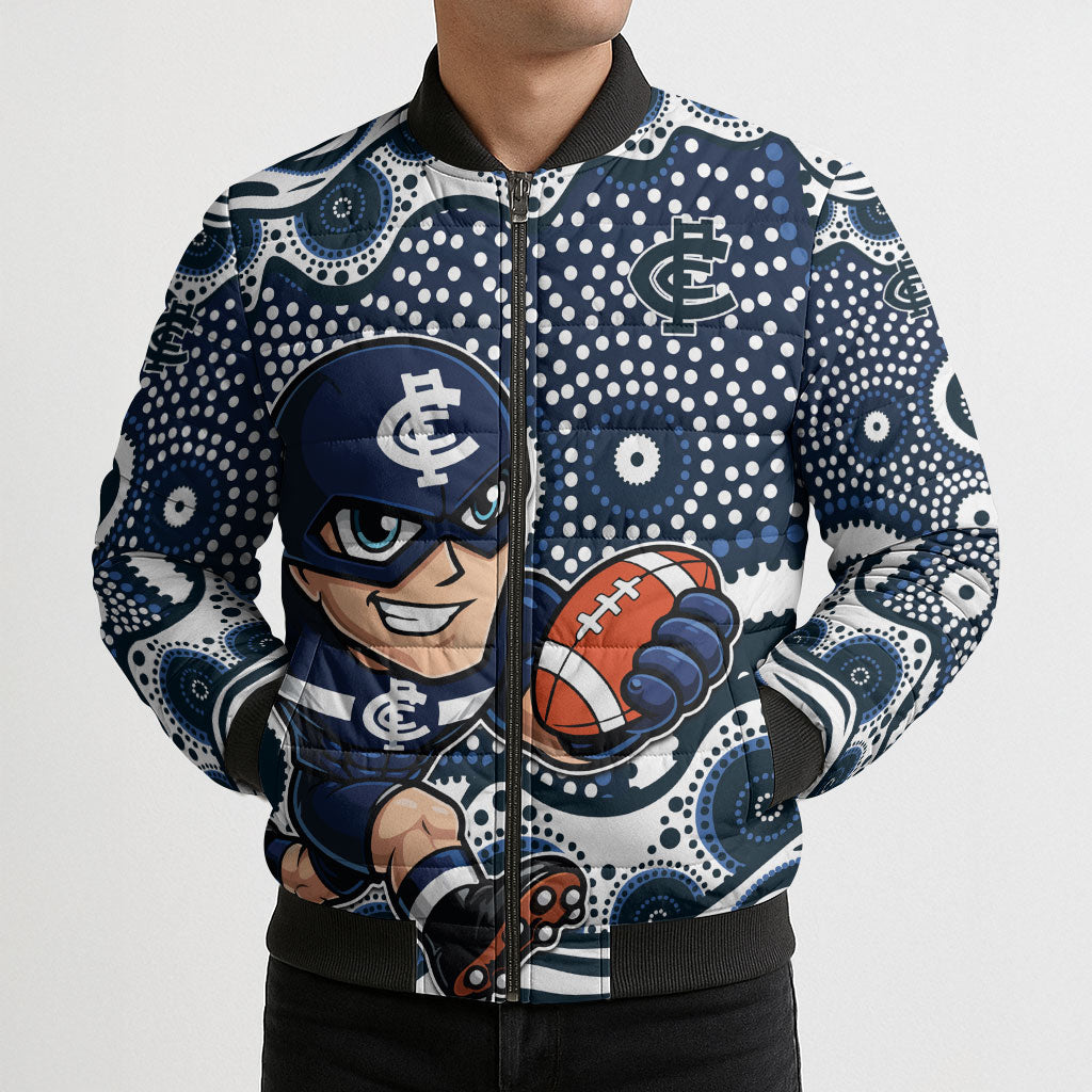 Carlton Blues Bomber Puffer Jacket Aboriginal Dot Pattern - Football Mascot Heritage Pride