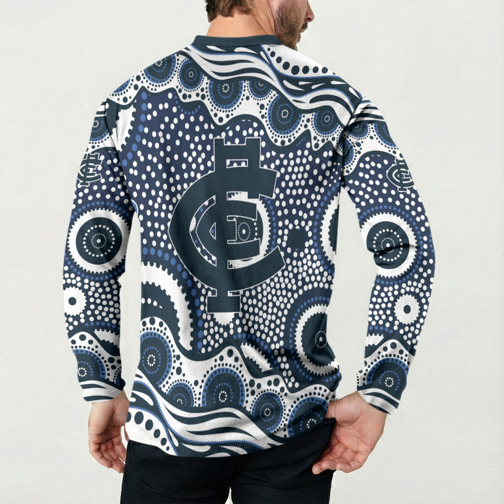 Carlton Blues Button Sweatshirt Aboriginal Dot Pattern - Football Mascot Heritage Pride