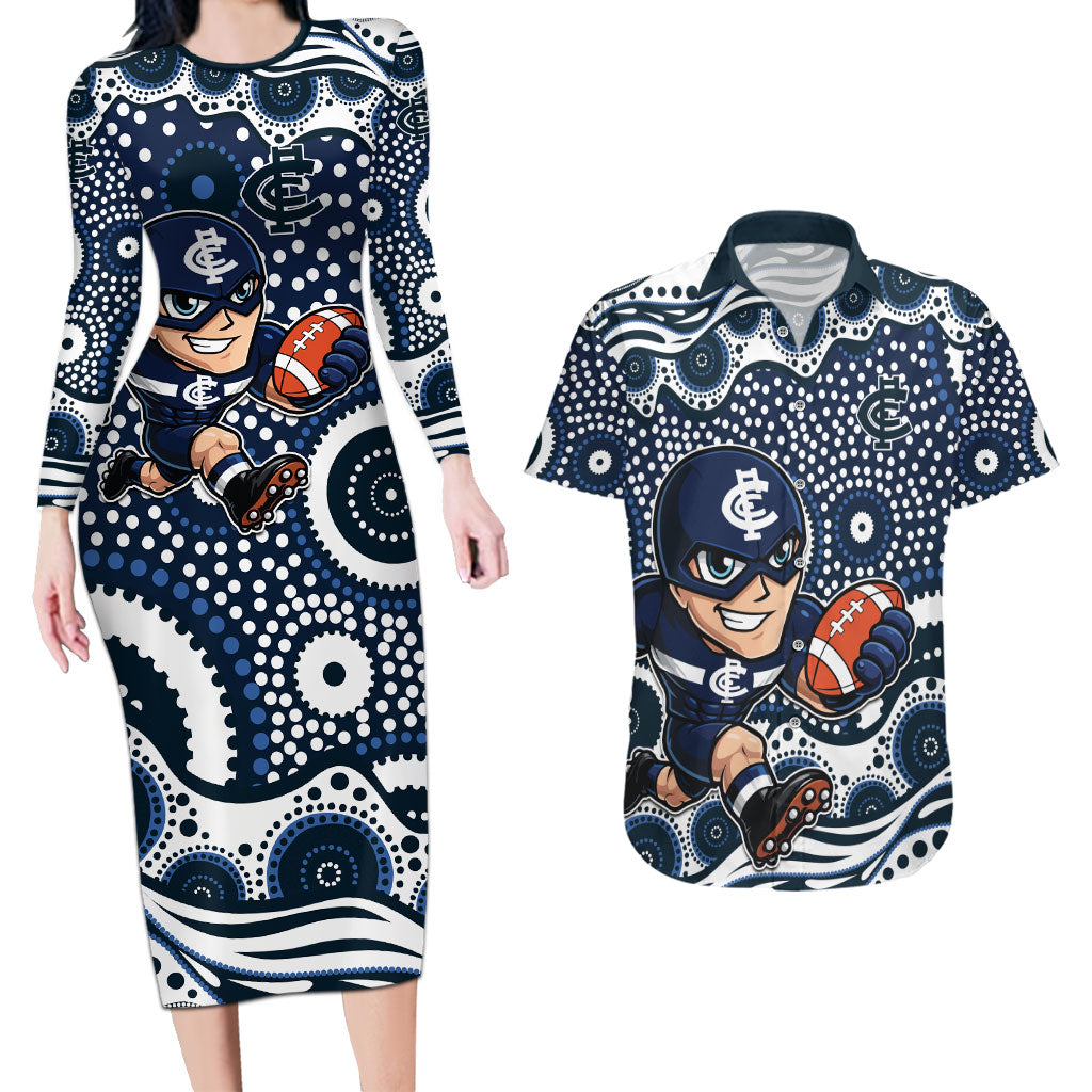 Carlton Blues Couples Matching Long Sleeve Bodycon Dress and Hawaiian Shirt Aboriginal Dot Pattern - Football Mascot Heritage Pride