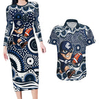 Carlton Blues Couples Matching Long Sleeve Bodycon Dress and Hawaiian Shirt Aboriginal Dot Pattern - Football Mascot Heritage Pride