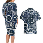 Carlton Blues Couples Matching Long Sleeve Bodycon Dress and Hawaiian Shirt Aboriginal Dot Pattern - Football Mascot Heritage Pride