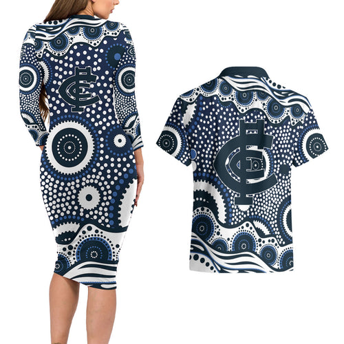 Carlton Blues Couples Matching Long Sleeve Bodycon Dress and Hawaiian Shirt Aboriginal Dot Pattern - Football Mascot Heritage Pride