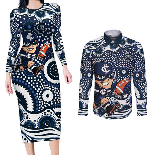 Carlton Blues Couples Matching Long Sleeve Bodycon Dress and Long Sleeve Button Shirt Aboriginal Dot Pattern - Football Mascot Heritage Pride