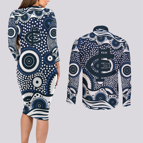 Carlton Blues Couples Matching Long Sleeve Bodycon Dress and Long Sleeve Button Shirt Aboriginal Dot Pattern - Football Mascot Heritage Pride