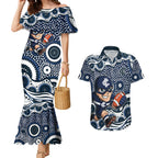 Carlton Blues Couples Matching Mermaid Dress and Hawaiian Shirt Aboriginal Dot Pattern - Football Mascot Heritage Pride