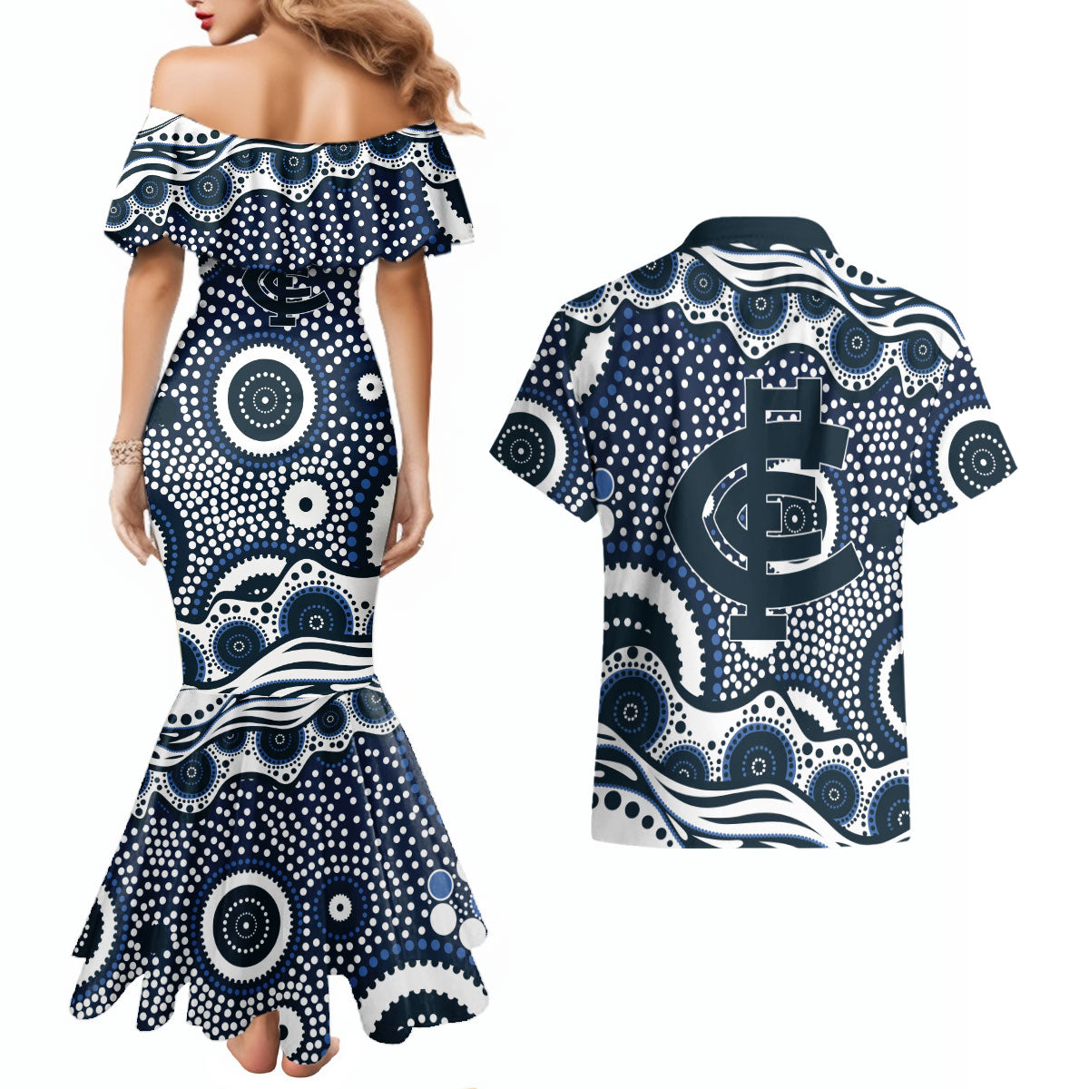 Carlton Blues Couples Matching Mermaid Dress and Hawaiian Shirt Aboriginal Dot Pattern - Football Mascot Heritage Pride