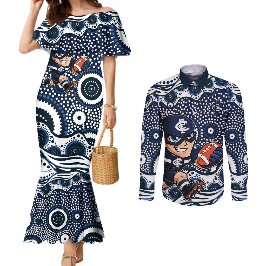 Carlton Blues Couples Matching Mermaid Dress and Long Sleeve Button Shirt Aboriginal Dot Pattern - Football Mascot Heritage Pride