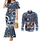 Carlton Blues Couples Matching Mermaid Dress and Long Sleeve Button Shirt Aboriginal Dot Pattern - Football Mascot Heritage Pride