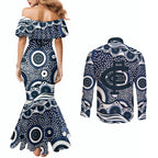 Carlton Blues Couples Matching Mermaid Dress and Long Sleeve Button Shirt Aboriginal Dot Pattern - Football Mascot Heritage Pride