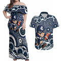 Carlton Blues Couples Matching Off Shoulder Maxi Dress and Hawaiian Shirt Aboriginal Dot Pattern - Football Mascot Heritage Pride