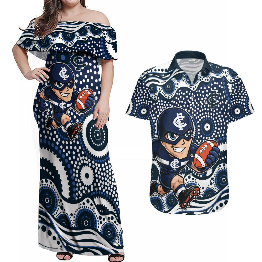 Carlton Blues Couples Matching Off Shoulder Maxi Dress and Hawaiian Shirt Aboriginal Dot Pattern - Football Mascot Heritage Pride