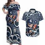 Carlton Blues Couples Matching Off Shoulder Maxi Dress and Hawaiian Shirt Aboriginal Dot Pattern - Football Mascot Heritage Pride