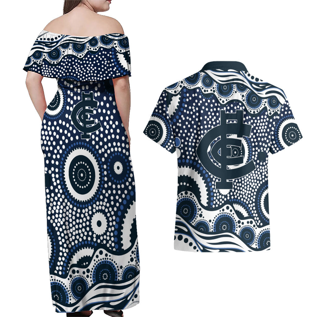 Carlton Blues Couples Matching Off Shoulder Maxi Dress and Hawaiian Shirt Aboriginal Dot Pattern - Football Mascot Heritage Pride
