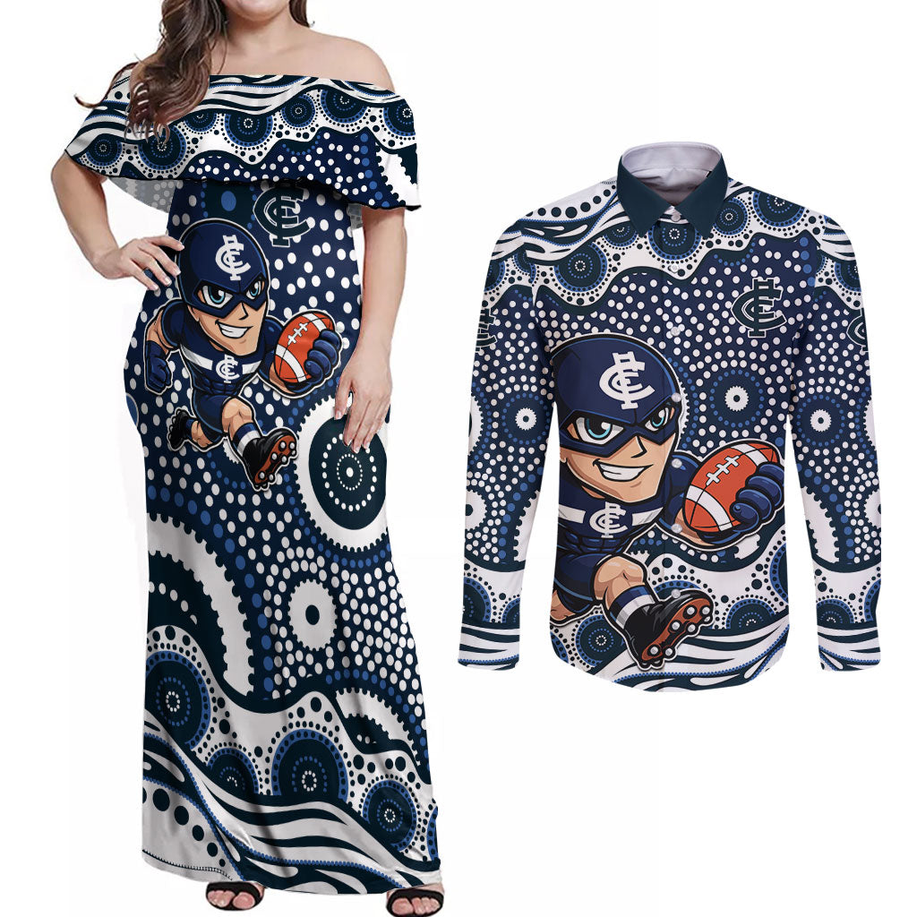 Carlton Blues Couples Matching Off Shoulder Maxi Dress and Long Sleeve Button Shirt Aboriginal Dot Pattern - Football Mascot Heritage Pride