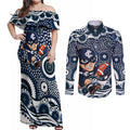 Carlton Blues Couples Matching Off Shoulder Maxi Dress and Long Sleeve Button Shirt Aboriginal Dot Pattern - Football Mascot Heritage Pride