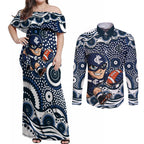 Carlton Blues Couples Matching Off Shoulder Maxi Dress and Long Sleeve Button Shirt Aboriginal Dot Pattern - Football Mascot Heritage Pride