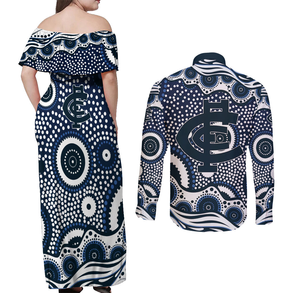 Carlton Blues Couples Matching Off Shoulder Maxi Dress and Long Sleeve Button Shirt Aboriginal Dot Pattern - Football Mascot Heritage Pride