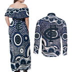 Carlton Blues Couples Matching Off Shoulder Maxi Dress and Long Sleeve Button Shirt Aboriginal Dot Pattern - Football Mascot Heritage Pride