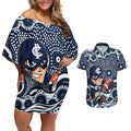 Carlton Blues Couples Matching Off Shoulder Short Dress and Hawaiian Shirt Aboriginal Dot Pattern - Football Mascot Heritage Pride