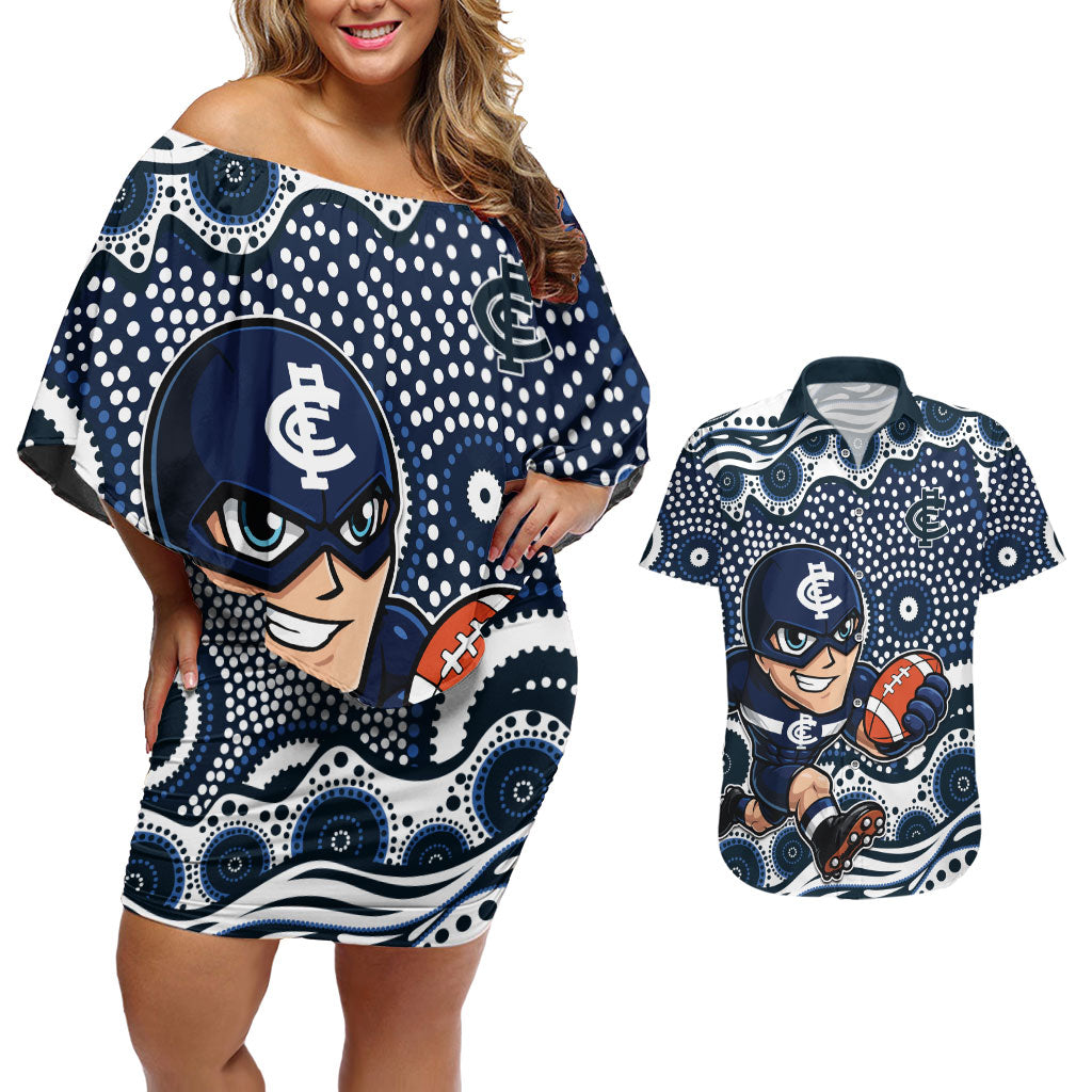 Carlton Blues Couples Matching Off Shoulder Short Dress and Hawaiian Shirt Aboriginal Dot Pattern - Football Mascot Heritage Pride