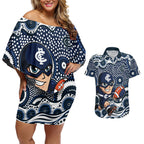 Carlton Blues Couples Matching Off Shoulder Short Dress and Hawaiian Shirt Aboriginal Dot Pattern - Football Mascot Heritage Pride