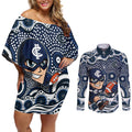Carlton Blues Couples Matching Off Shoulder Short Dress and Long Sleeve Button Shirt Aboriginal Dot Pattern - Football Mascot Heritage Pride